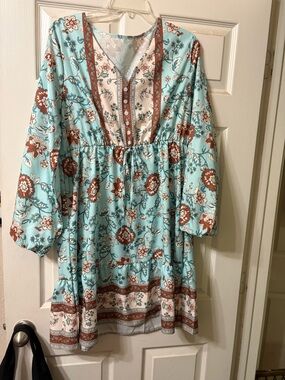 Floral Tie-Waist Midi Dress in Aqua and Rust